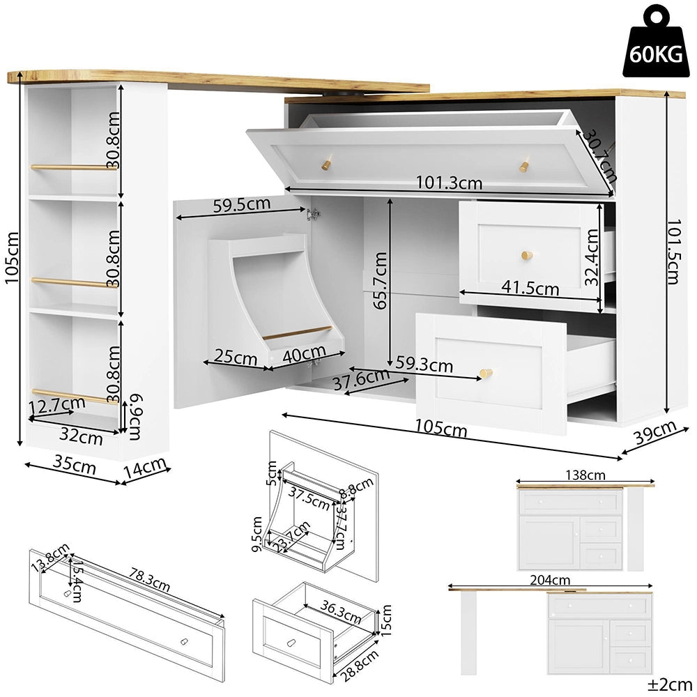 Tavolo bar estensibile - Xylo - con ripiano snack bianco 138-204x39x105cm