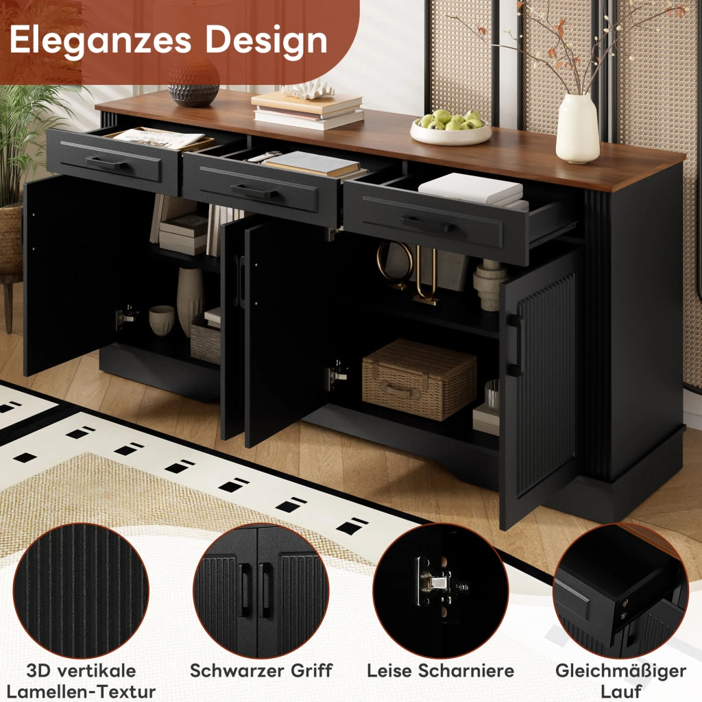 Credenza e madia con 4 ante 3 cassetti e 2 vani, in MDF, nero, per soggiorno e ingresso, 160 × 40 × 75 cm