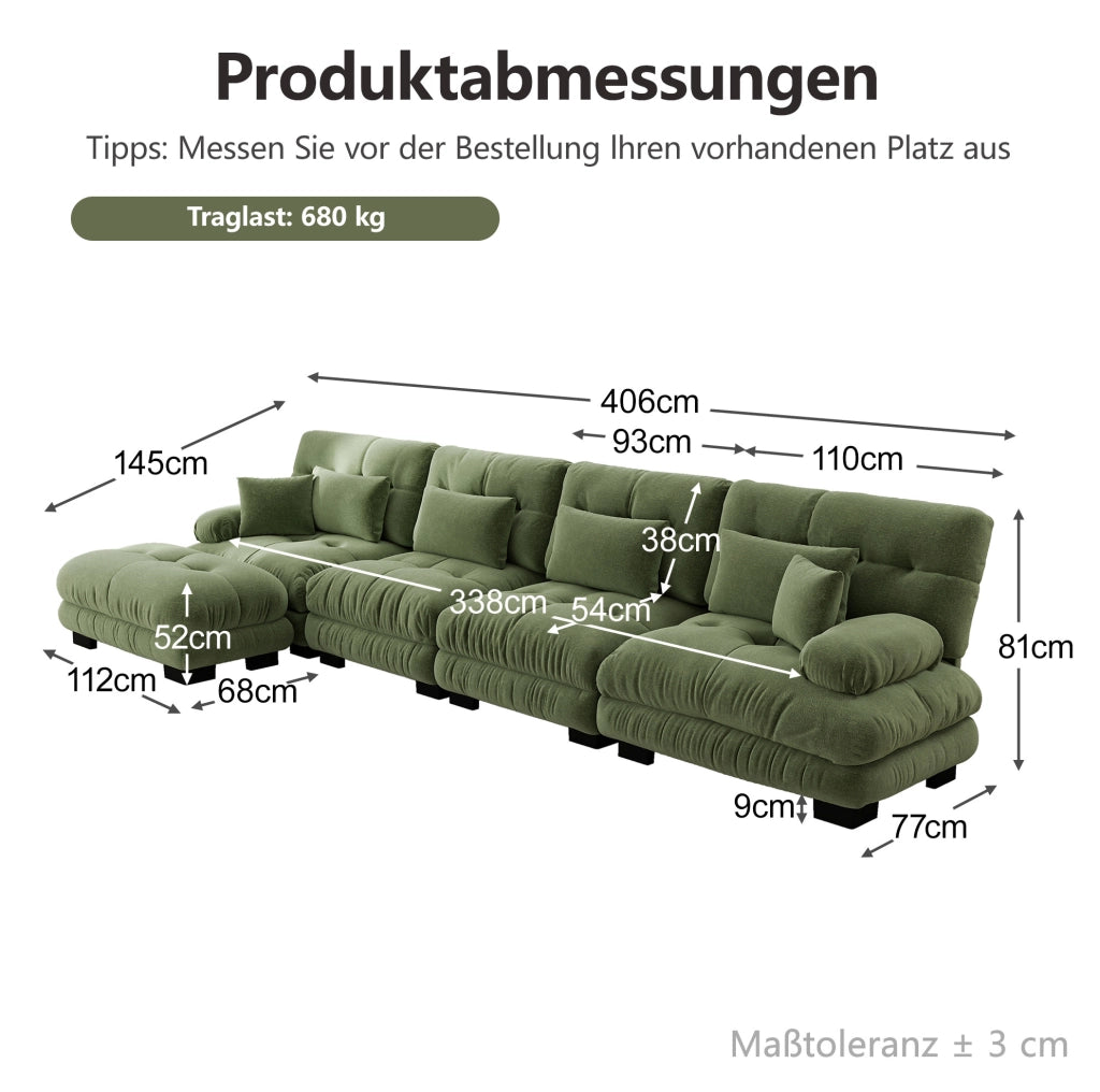 Divano modulare 4 posti con ottomane mobili; configurazione angolare o lineare; chenille verde