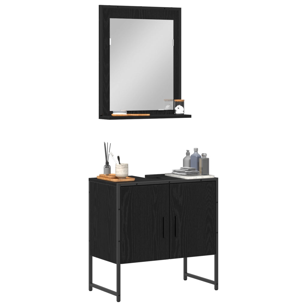 Set di mobili da bagno a 2 pezzi in legno ingegnerizzato nero e rovere