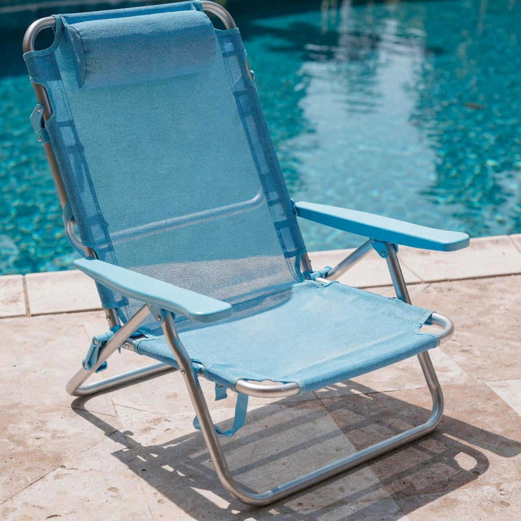 Spiaggina Reclinabile Da Mare Con Poggiatesta Imbottito Sedia Pieghevole Trasformabile In Lettino Per Campeggio Spiaggia Relax Outdoor 53 x 62 x 77 Cm Azzurro