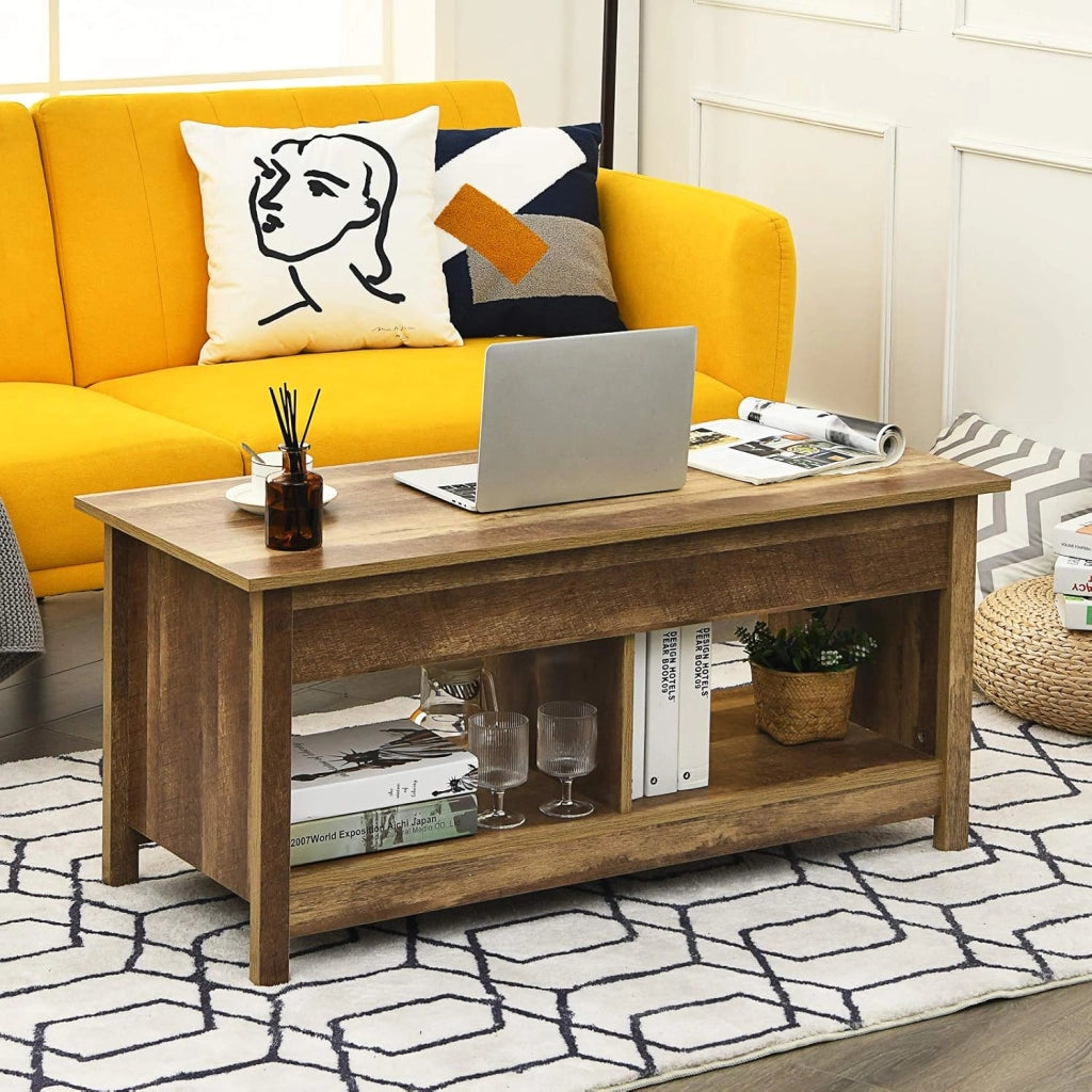 Tavolino Salotto Sollevabile, Tavolino da Caffè Basso con Scompartimenti Nascosti e Mensole, Tavolino Moderno per Soggiorno, Salone e Studio, 109 x 47,5 x 50-63 cm (Quercia)