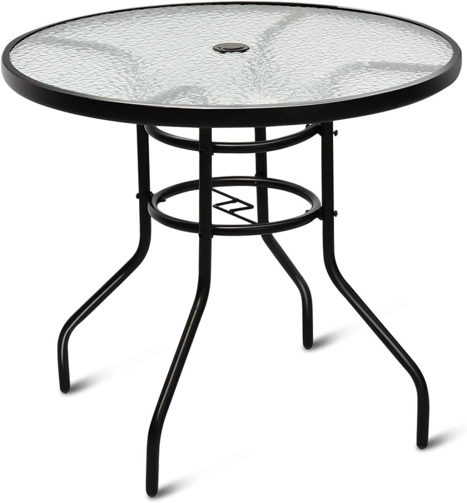 Tavolino Esterno in Metallo e Vetro, Tavolino da Bistro con Foro per Ombrellone 4 cm, Tavolo per Giardino Balcone Cortile, Portata 75 kg (81 x 71 cm)