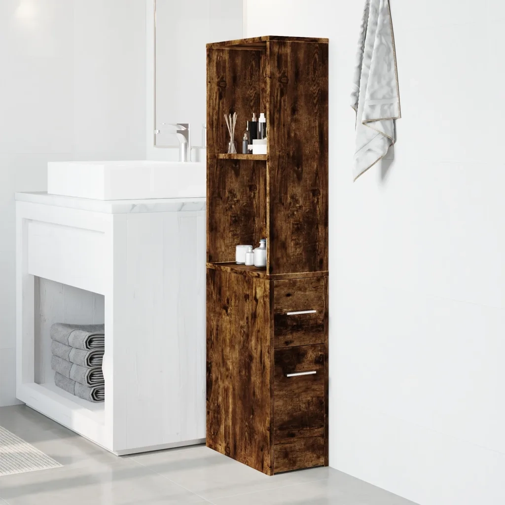 Armadietto da Bagno Stretto con Ruote Rovere Fumo in Truciolato