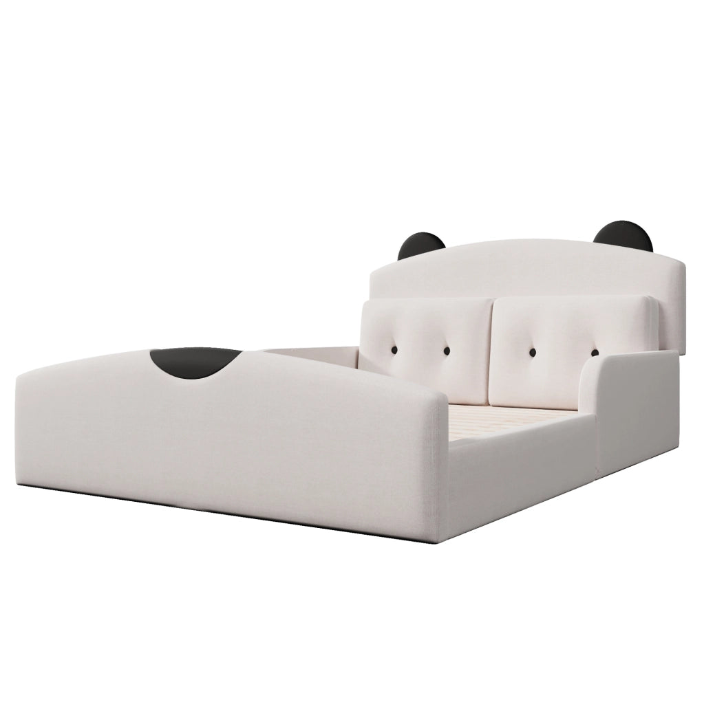 Letto a piattaforma 140x200 cm con testiera imbottita a forma di orso; in lino; bianco