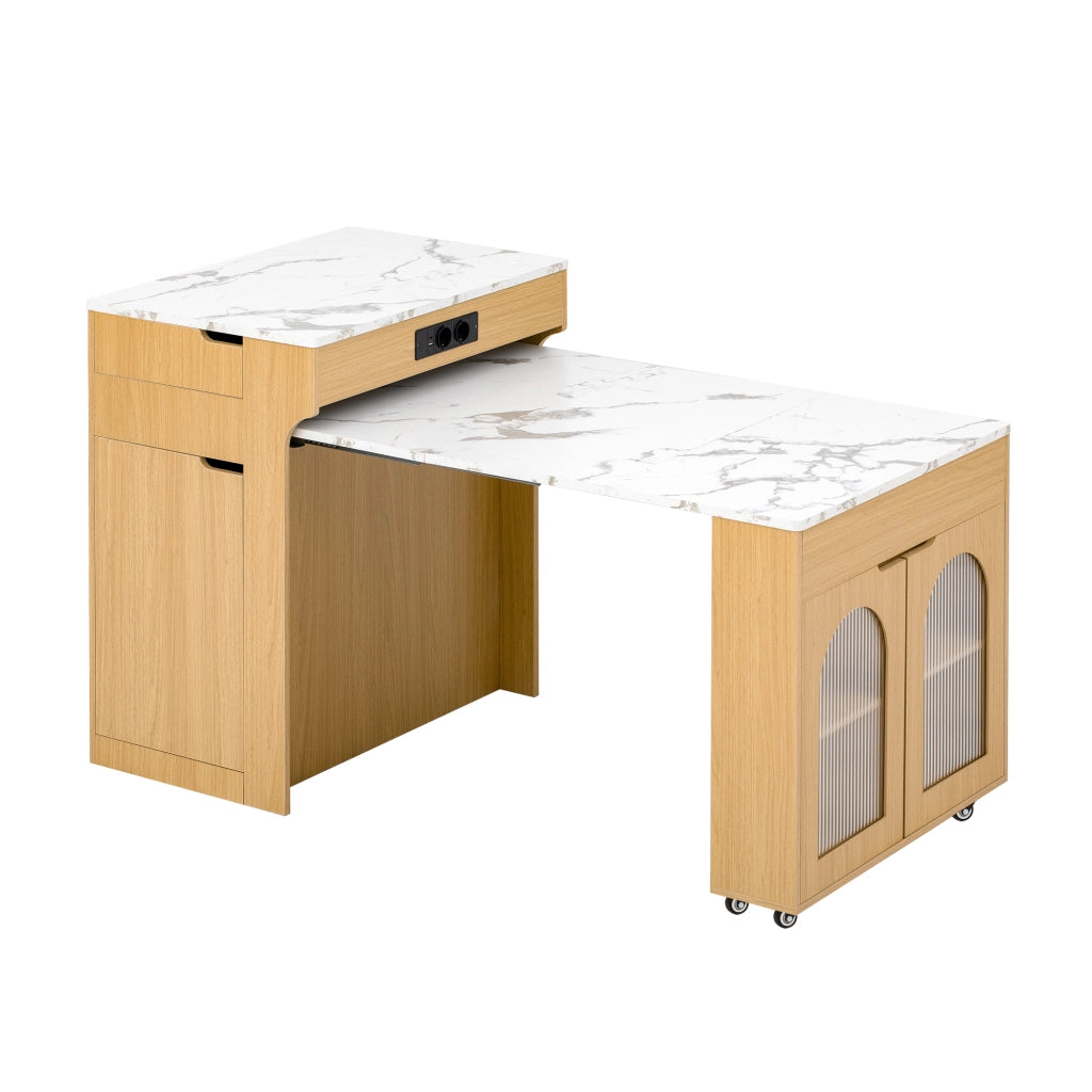 Tavolo allungabile con 2 cassetti; vani e prese elettriche - per cucina - naturale