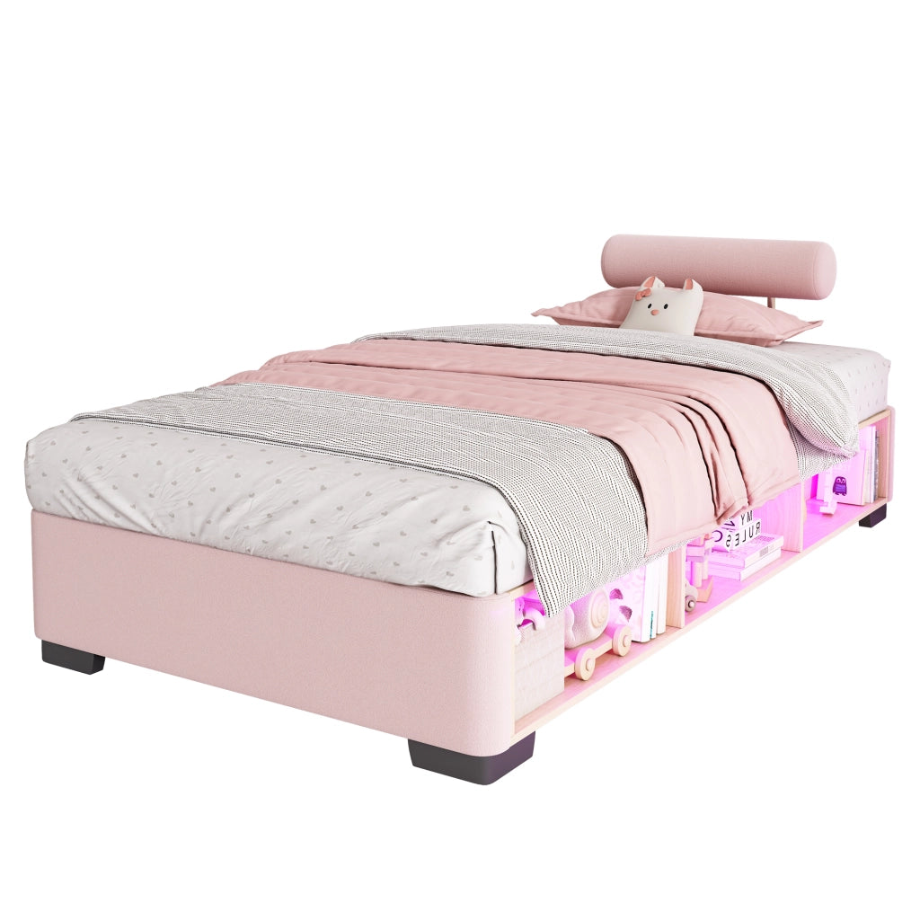 Letto per Bambini 90x200 cm - LED; Mensole e Testiera Montabile - Velluto - Rosa