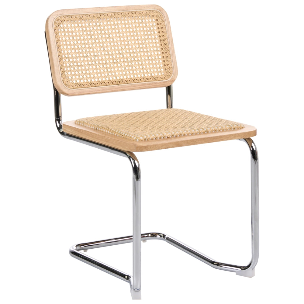 Set di 2 sedie da pranzo in legno chiaro e rattan naturale Gambe d'argento a sbalzo Design retrò senza braccioli