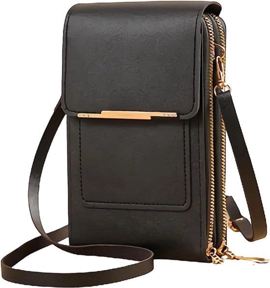 Borsa leggera in pelle - portamonete in pelle PU a tracolla per donna - supporto per smartphone touchscreen - nero