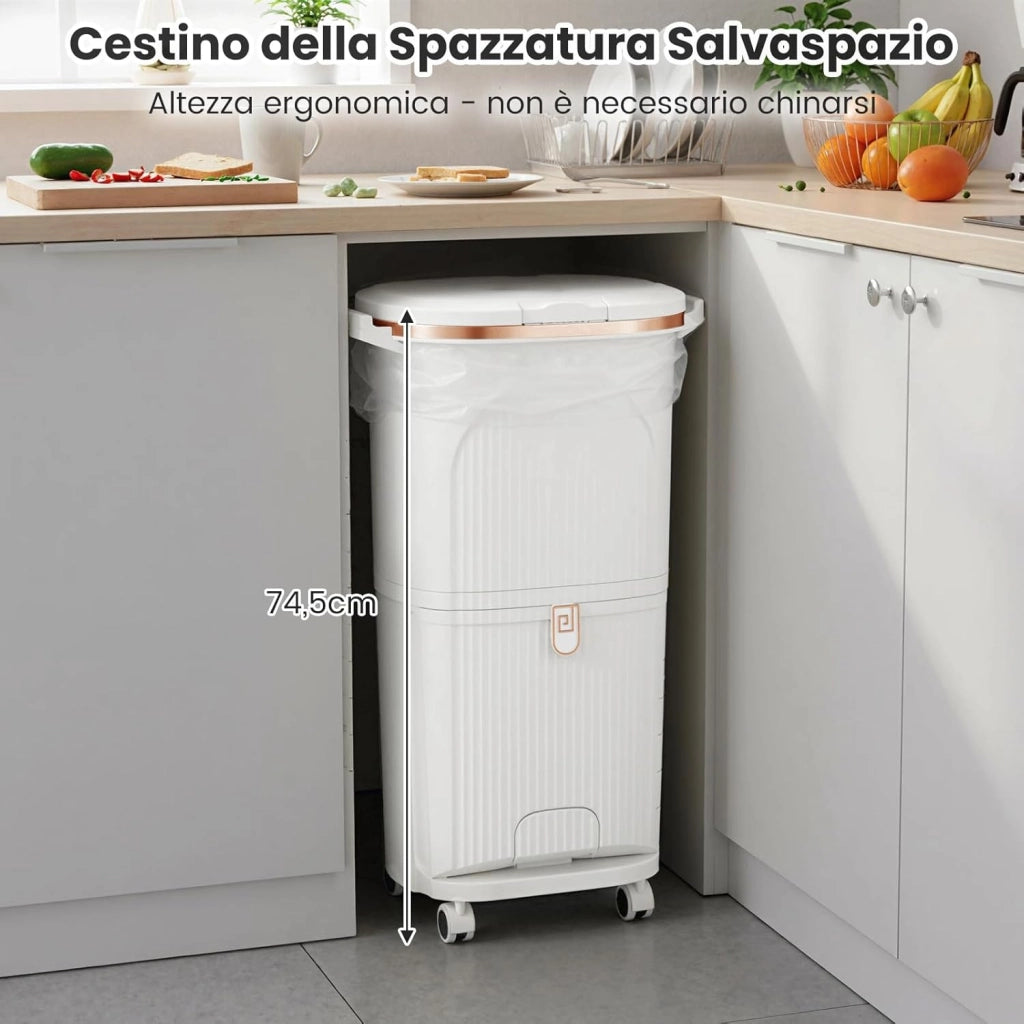 38 L（12+12+14 L） Pattumiera Differenziata, Secchio Spazzatura a 3 Scomparti con Coperchi, 2 Secchi Rimovibili Pedale e Ruote, Bidoni Differenziata per Bagno Cucina Ufficio