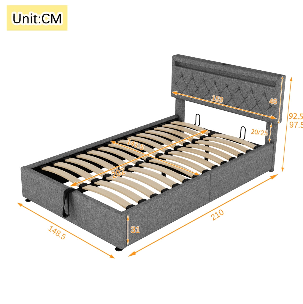 Letto matrimoniale 140x200 cm imbottito con contenitore; LED RGB; USB e USB-C; grigio