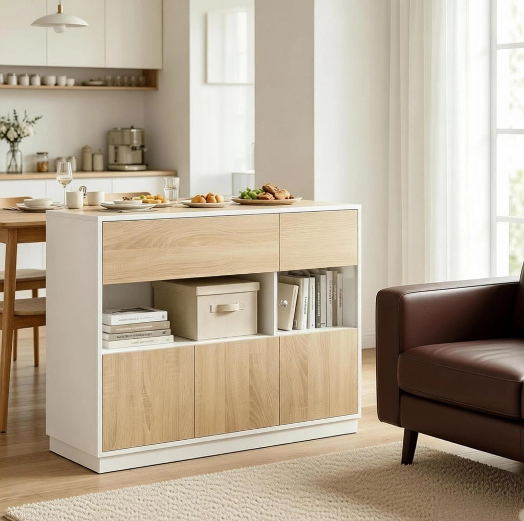 Credenza ULEVR 100x80x40 cm con vano aperto e anta in vetro acrilico, bianco e rovere chiaro