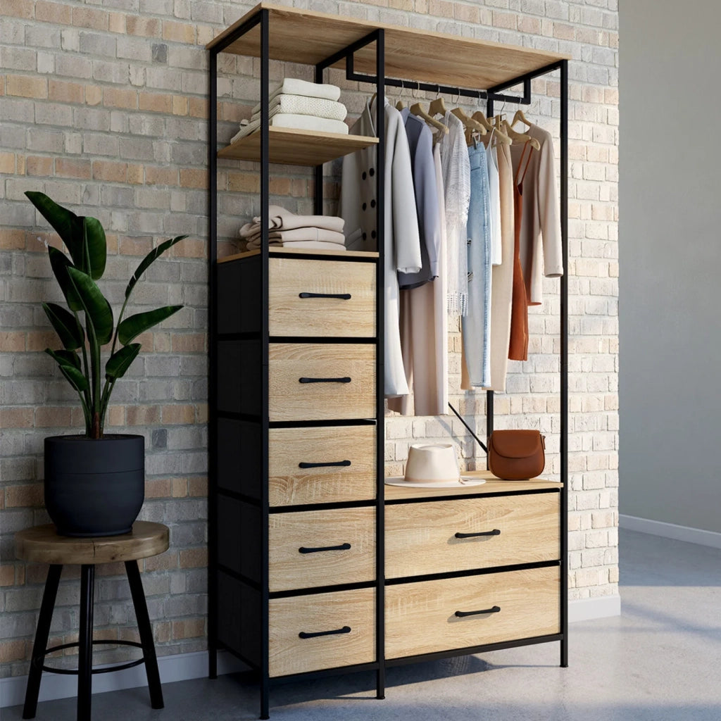 IDMarket - Armadio + colonna UTAH L. 90 cm con 2 ripiani e 7 cestini in legno e tessuto nero