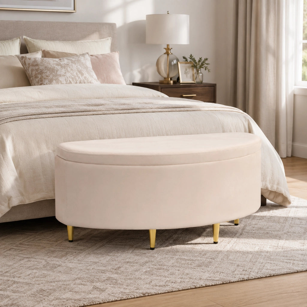 Ottomana contenitore 90x40x42 cm con ampio spazio contenitore in velluto beige