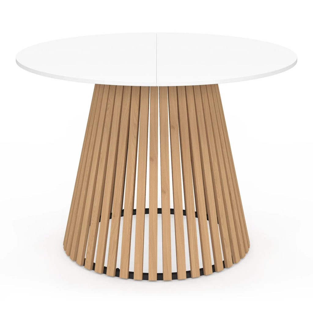 IDMarket - CARMEN Tavolo da pranzo rotondo per 6 persone con gambe a doghe in legno e piano in legno bianco 110 cm