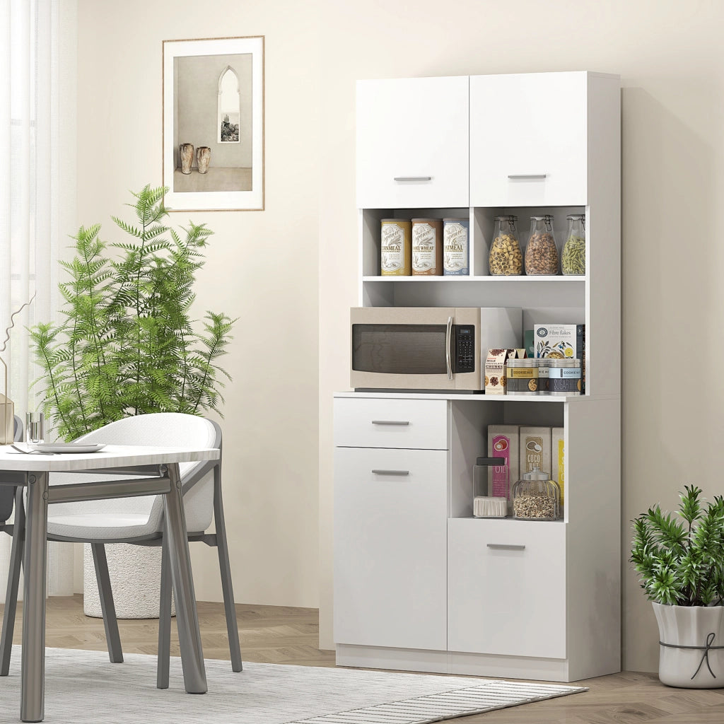 Mobile Dispensa in Legno con Cassetto, 4 Armadietti e 3 Ripiani Aperti, 80x35x180 cm, Bianco