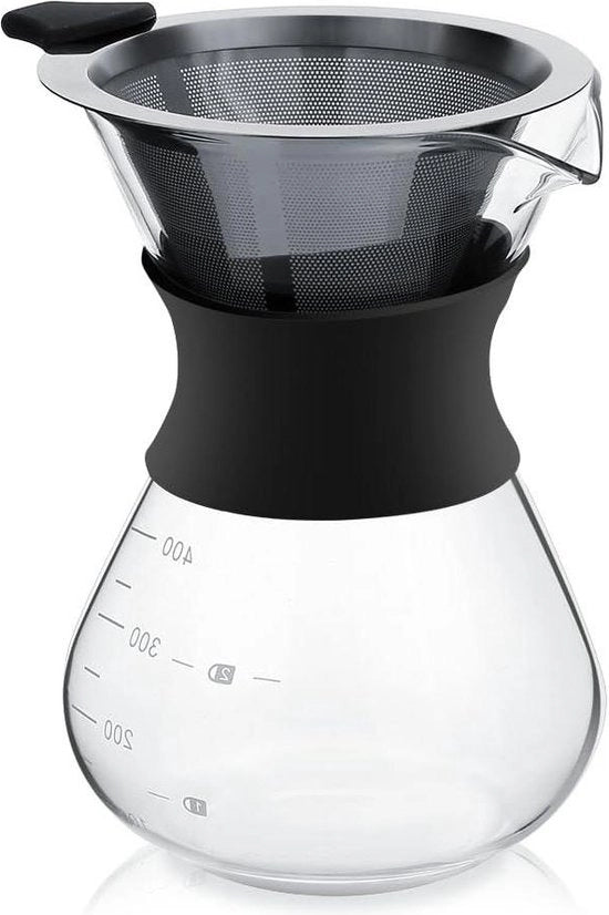 Caffettiera manuale - 400 ml - filtro caffè - caraffa vetrata - filtro caffè permanente - acciaio.