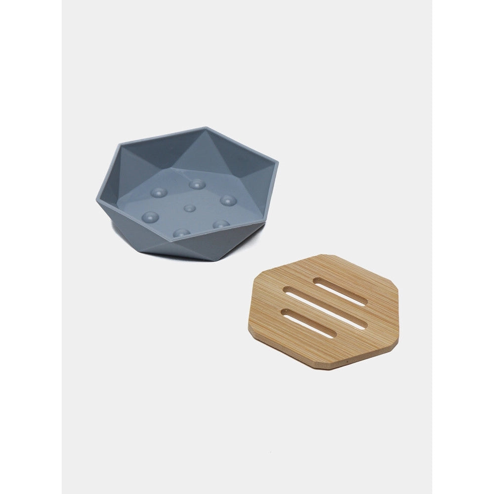 Trade Shop - Piattino Porta Sapone Saponetta Forma Esagonale Geometrico Grigio Legno Da Bagno 10848 -