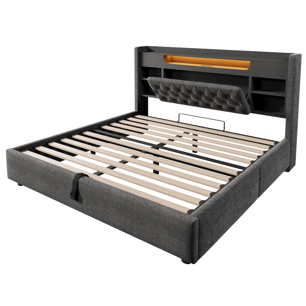 Letto imbottito 140x190 cm con contenitore idraulico, LED, porte USB e USB-C, grigio