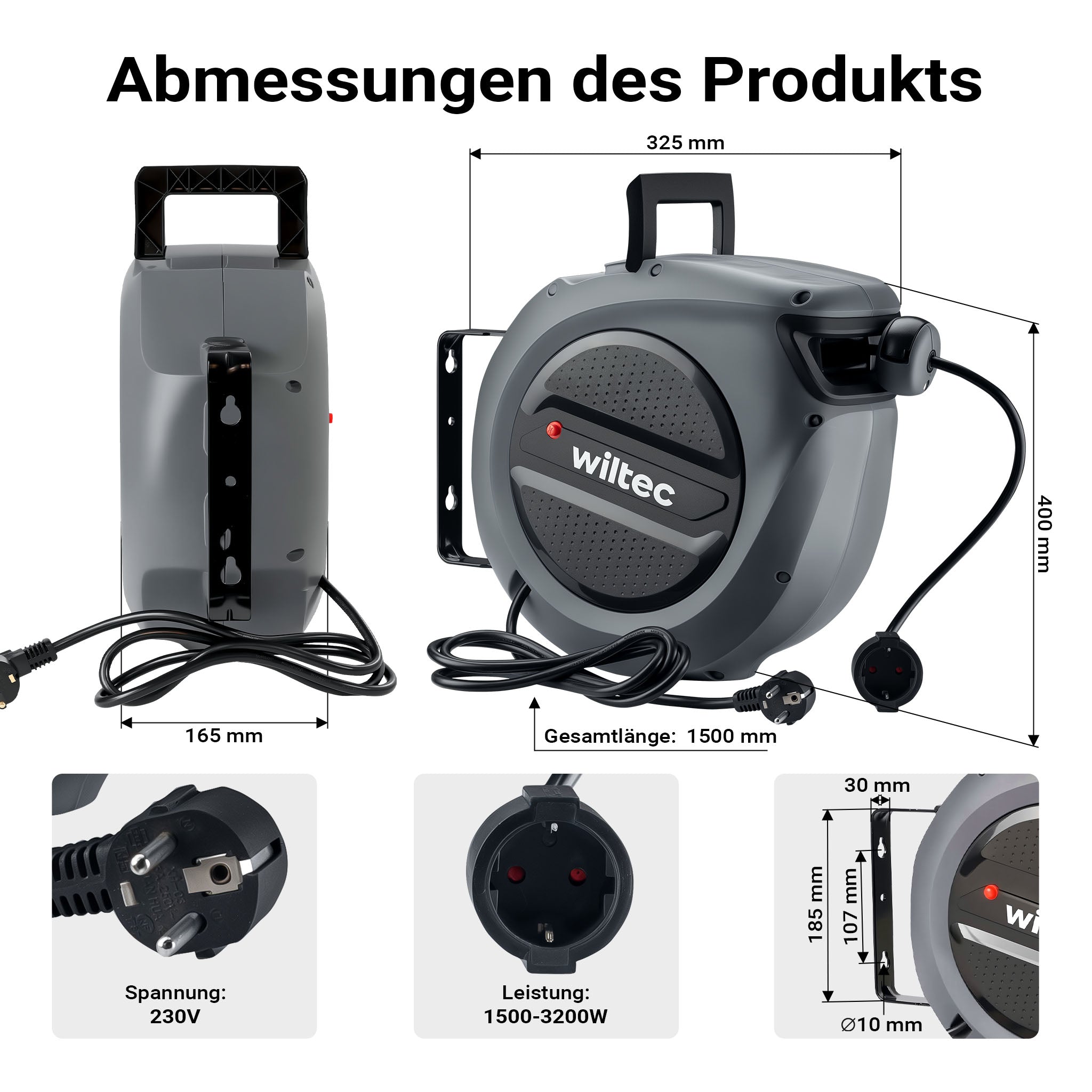 Avvolgicavo elettrico automatico 15 m + 1,5 m, avvolgitore cavo automatico 1500 - 3200 W, prolunga elettrica avvolgibile con staffa a 180°