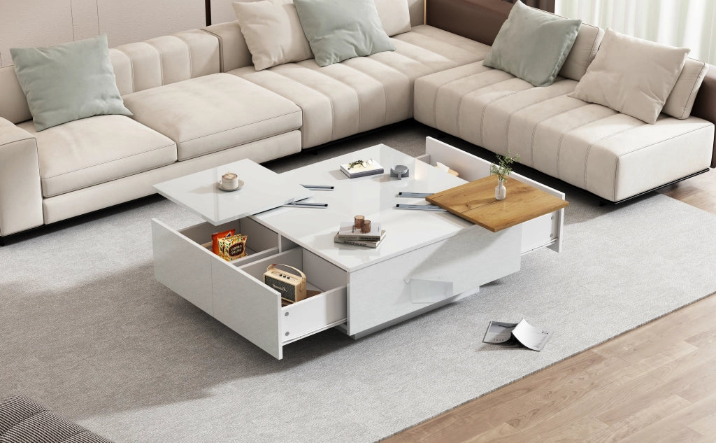 TAVOLINO DA CAFFÈ quadrato lucido bianco 75x75x33,5 cm con 4 cassetti