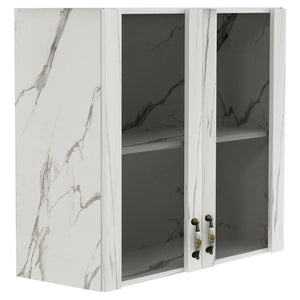 Pensile Cucina con Ante in Vetro 80x72x32 cm Bianco Effetto Marmo