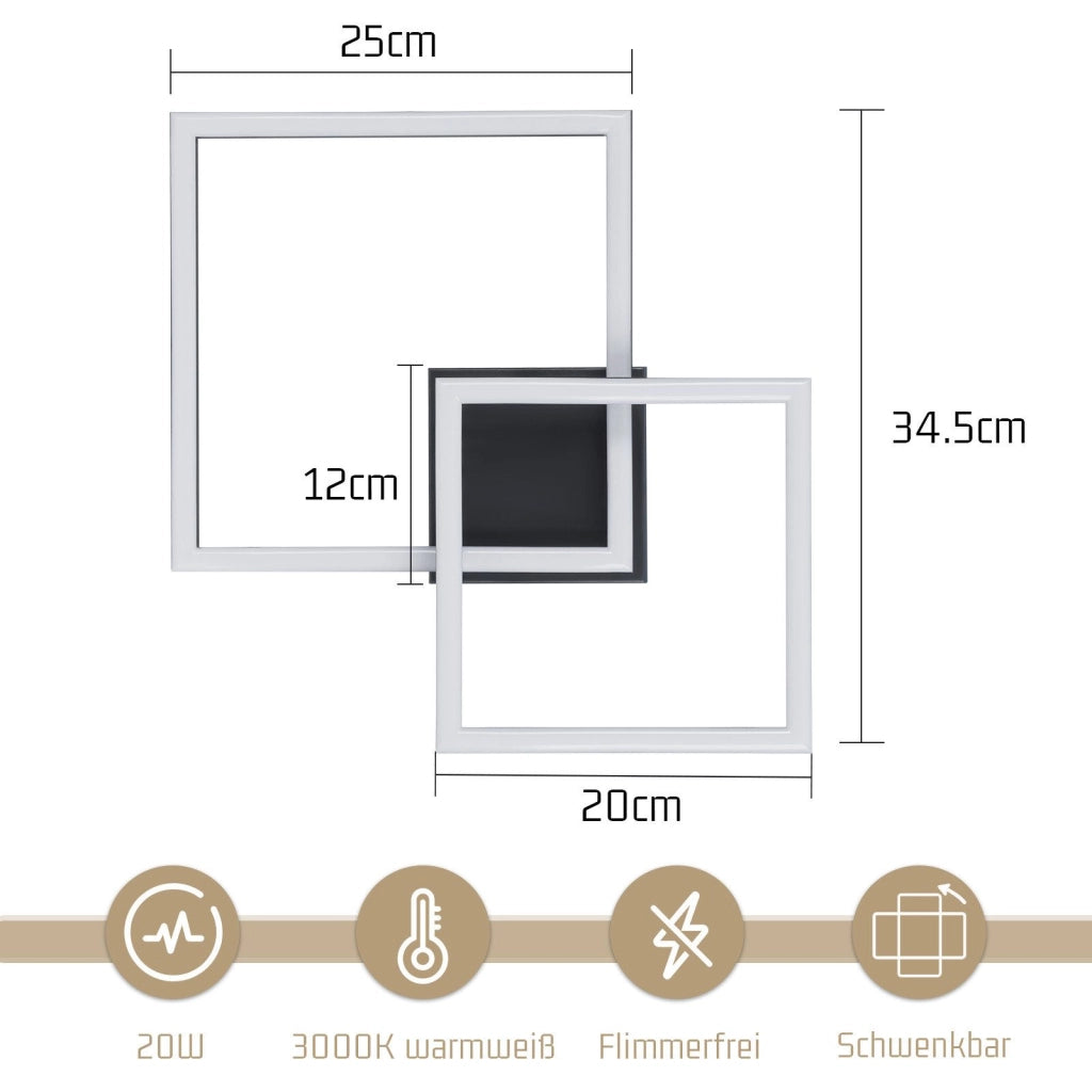 ZMH Lampada da soffitto plafoniera LED quadrata nera 20W 3000K angolare per soggiorno corridoio
