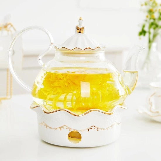 Pentola per tè con infusore in vetro da 12 litri - infusore rimovibile - vetro borosilicato - tè libero - pentola per fuoco - design lussuoso - decoro a rilievo - accenti dorati