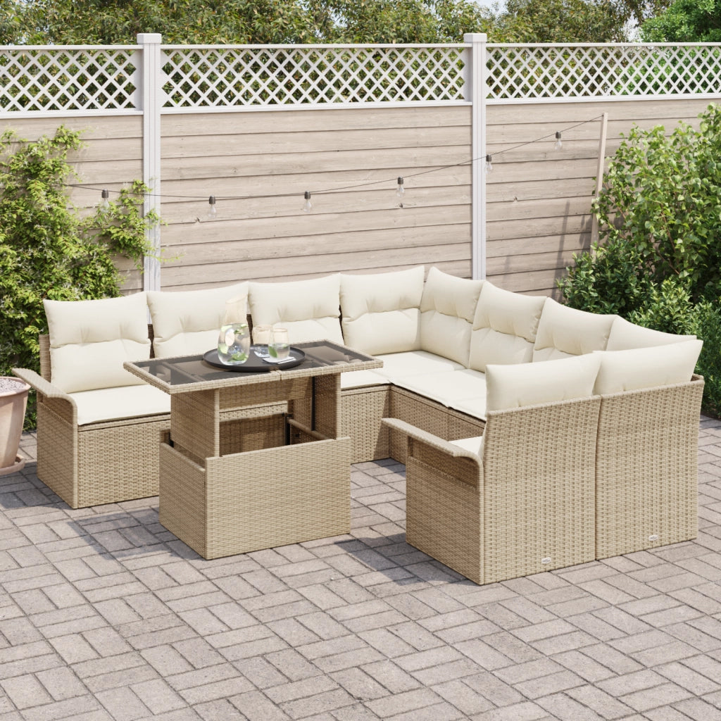 Set di 9 divani da giardino con cuscini in polyrattan beige