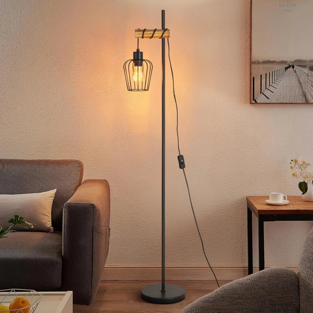 ZMH Lampada da terra vintage legno nera metallo industriale E27 146cm per soggiorno senza lampadina