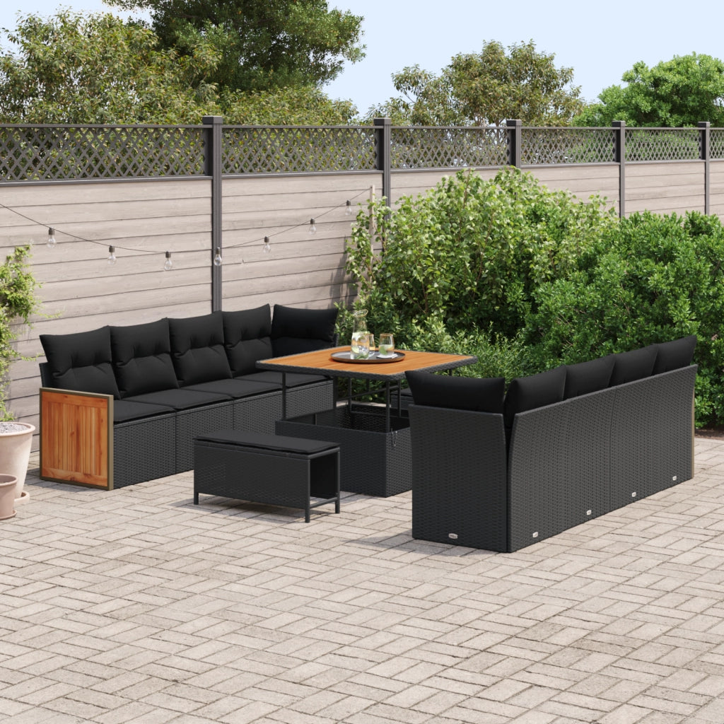 Set Divano da Giardino  di 11 Pezzi con Cuscini Nero Poly Rattan Acacia