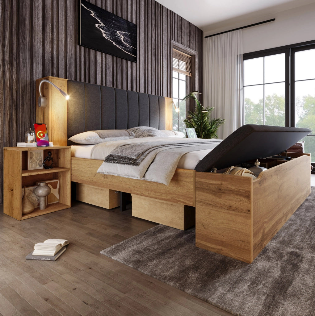 Letto matrimoniale 180x200 cm con comodini, panca e luci USB