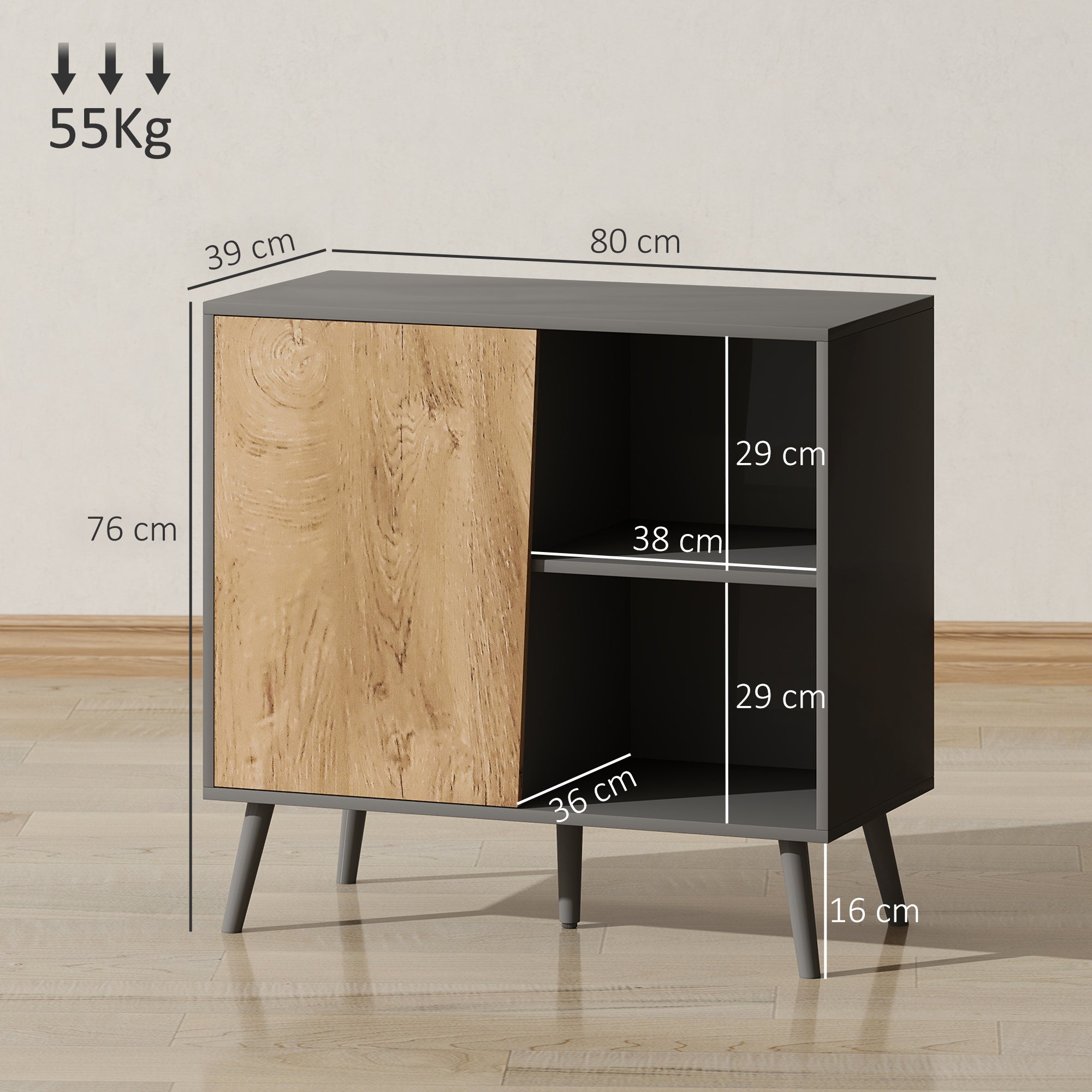 Credenza Moderna Mobile Basso 80x39x76 cm con Armadietto e Vani a Giorno in Legno Grigio Scuro