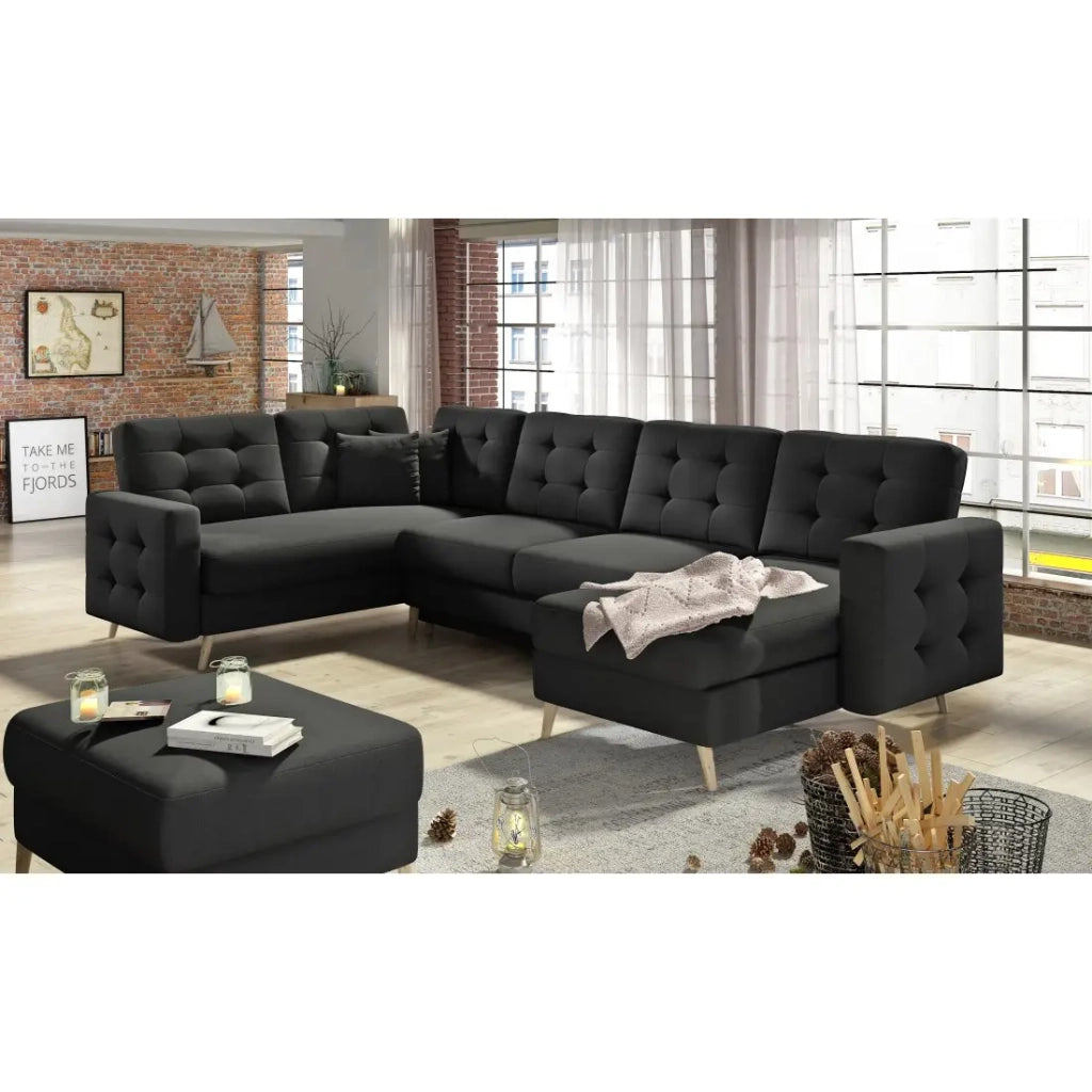 Divano ad angolo panoramico convertibile HASGARD U 326 cm nero con contenitore