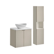 Set AOKI: mobiletto sotto lavabo con armadietti 60cm + piano lavabo bianco + lavabo bianco rotondo da appoggio + colonna