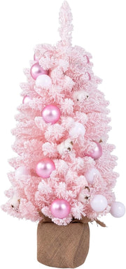 Albero di Natale Artificiale Mini 90 cm, Albero di Natale Innevato da Tavolo con 12 Palline di Cotone Naturale, 24 Palline Decorative e Rami Imbiancati, Decorazione per Feste (Rosa)