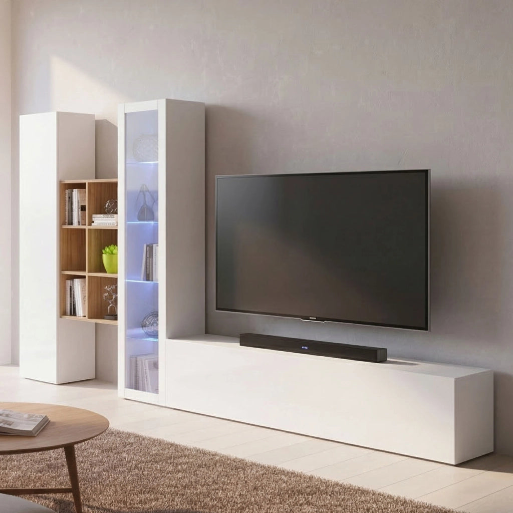 Mobile Soggiorno Ausonia, Parete Attrezzata 15 Ripiani Made in Italy, 320x30x180h cm Bianco Lucido