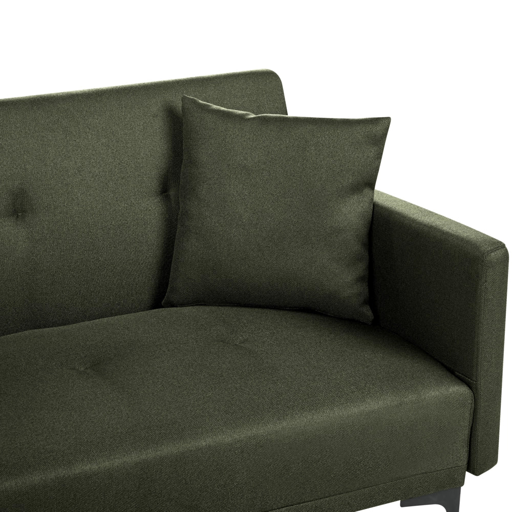 Divano letto moderno in tessuto verde scuro a 3 posti con schienale con bottoni gambe nero design moderno scandinavo