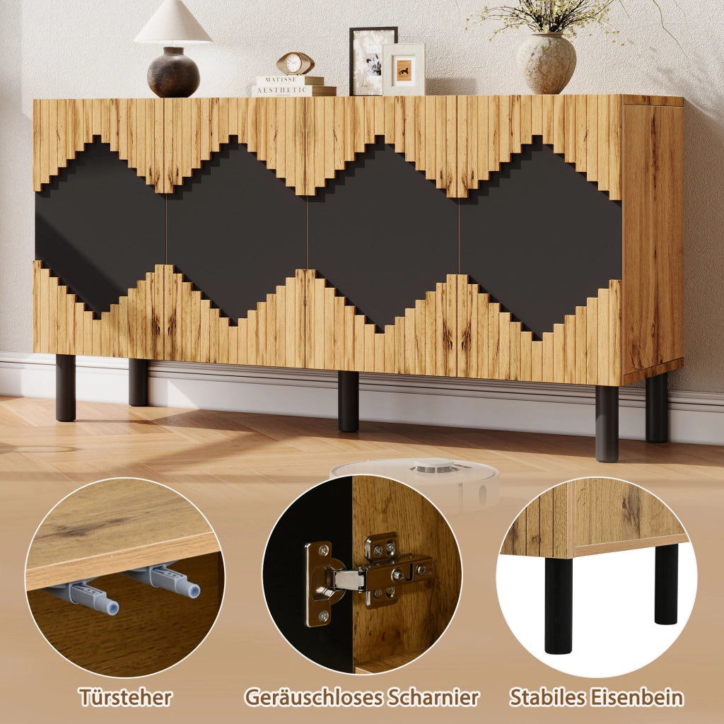 Credenza e madia con 4 ante push-open e 4 vani, per soggiorno, in MDF e truciolare, naturale nero, 140 × 40 × 70 cm