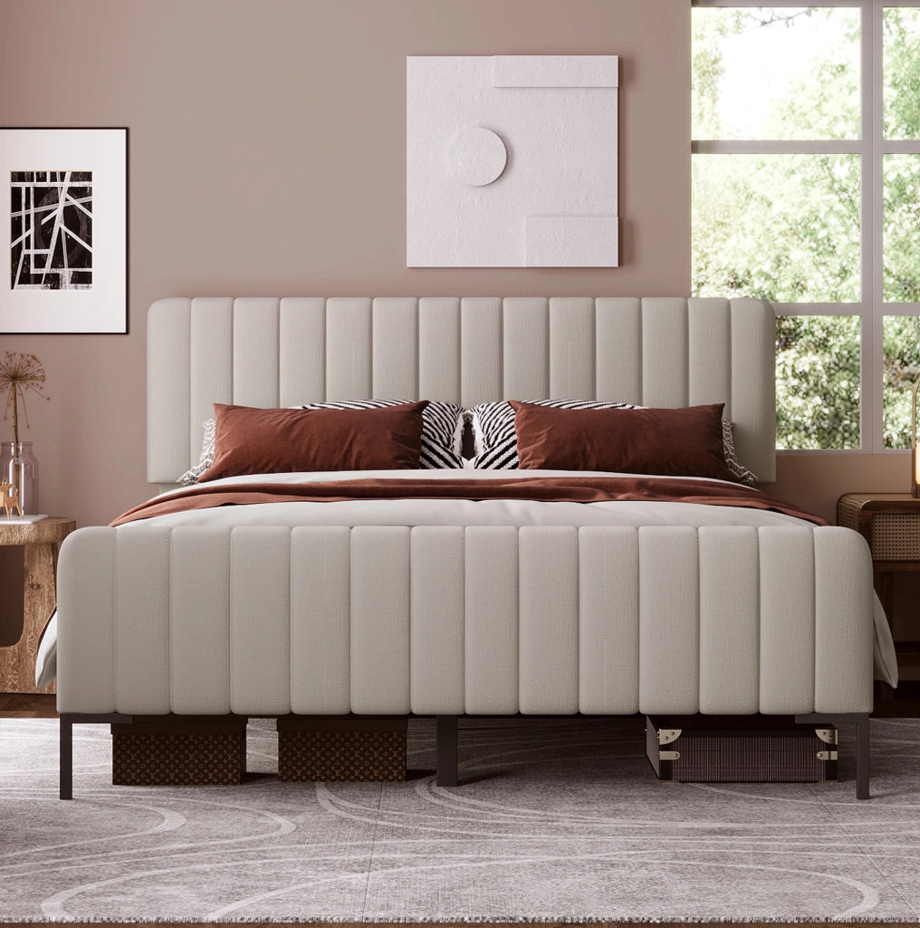 Letto imbottito 160x200 cm con testiera regolabile; in lino grigio-beige