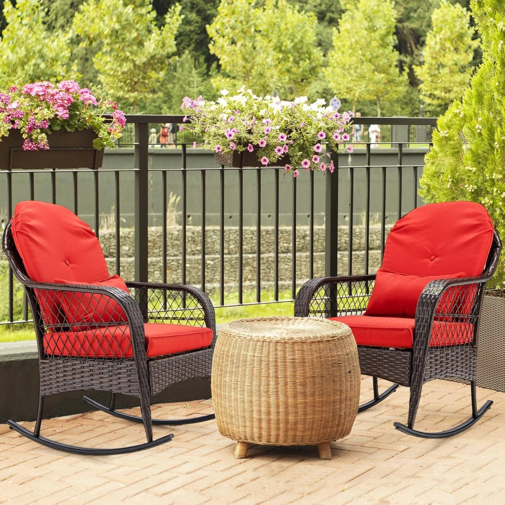 Sedia a Dondolo in Rattan per Cortile, Poltrona da Esterno con Cuscini Morbidi, Struttura in Acciaio Resistente, Sedile Ergonomico per Piscina Balcone Giardino, Carico Massimo 110 kg