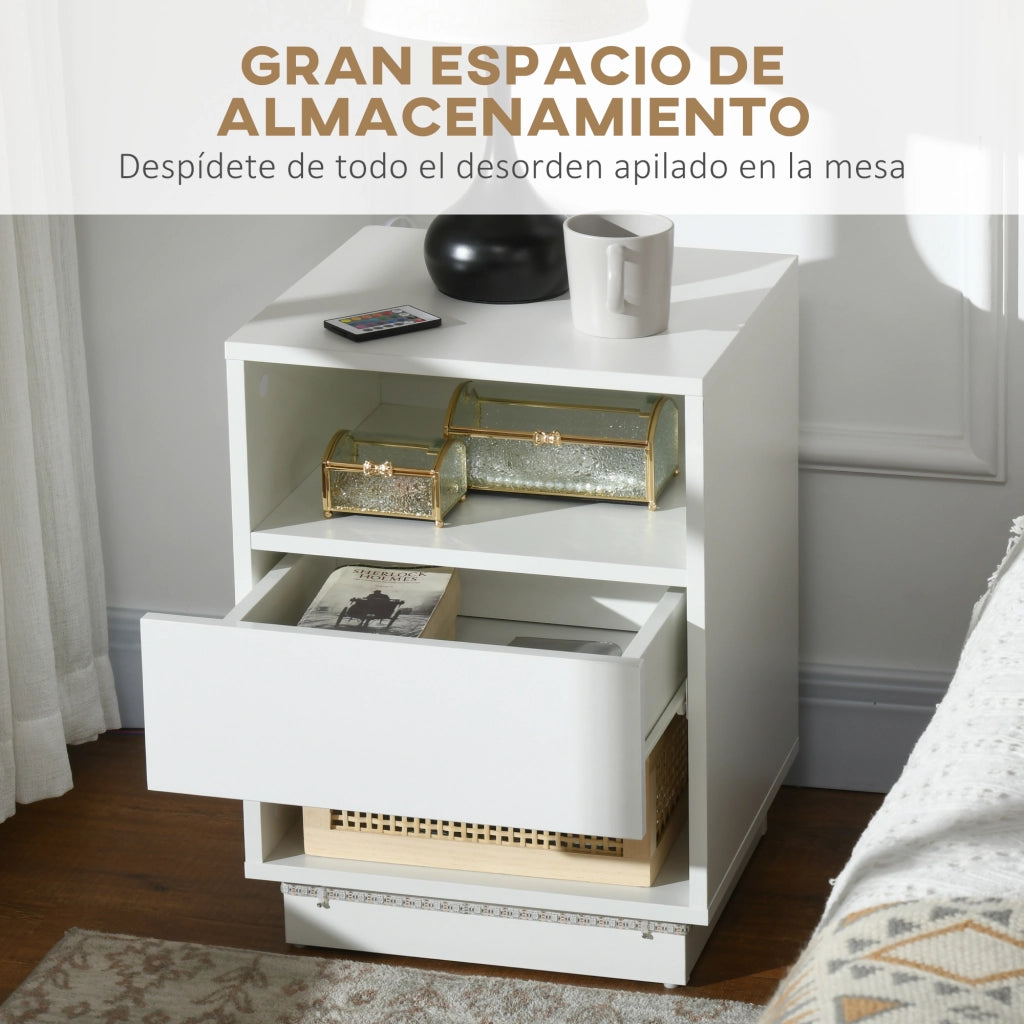 Comodino con Luce LED e Cassetto ¨C Zephmum ¨C Bianco 40x40x55 cm