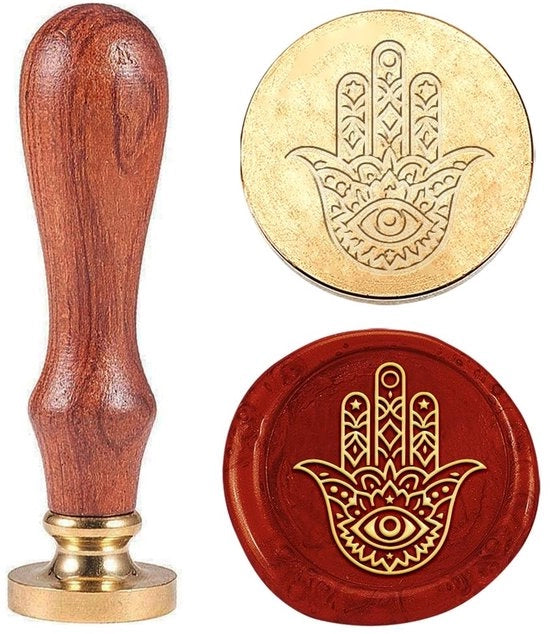 Stampa a Sfera 25 mm - Coperchio Rimovibile in Ottone - Manico in Legno - Disegno Hamsa - Per Buste/Inviti - Timbro a Sfera