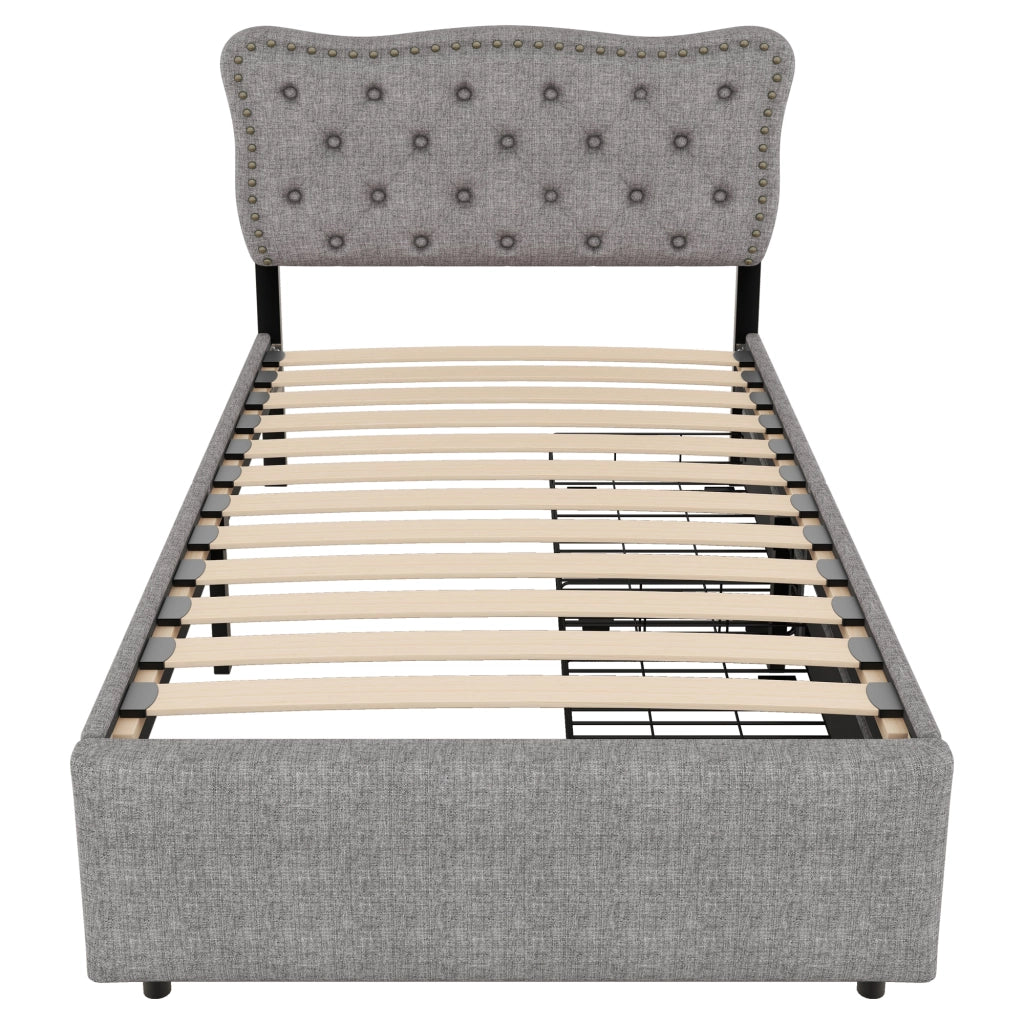 OKWISH Letto Singolo 90×200 cm con 2 Cassetti, Testiera Regolabile e Borchie Decorative, senza Materasso, in MDF e Lino, Grigio