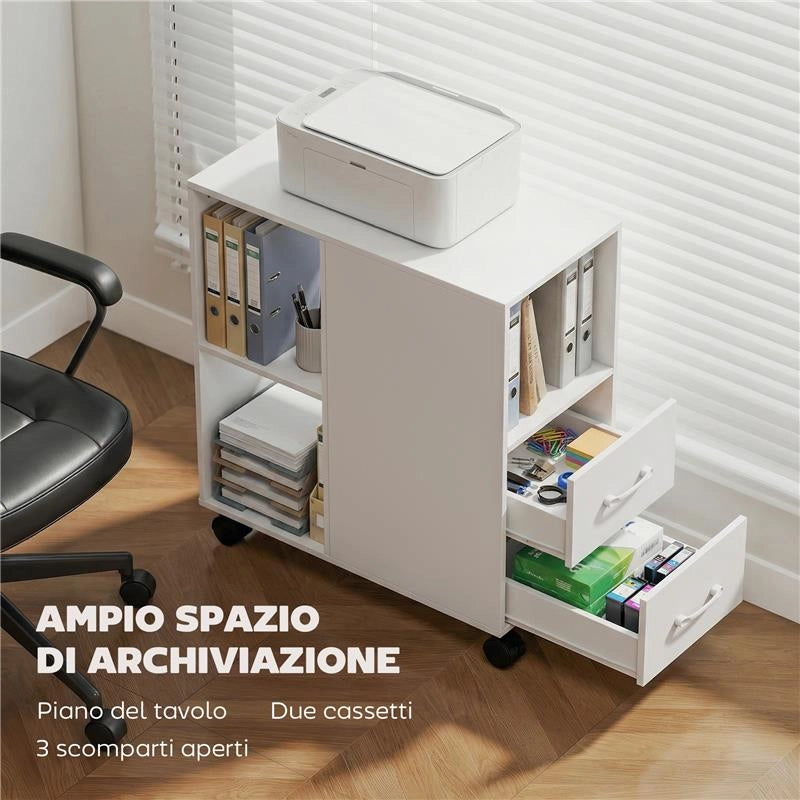 TAVOLINO CON RUOTE MINIMAL CON 2 CASSETTI, VANO APERTO E RIPIANO REGOLABILE, IN LEGNO, 60X30X65 CM, BIANCO