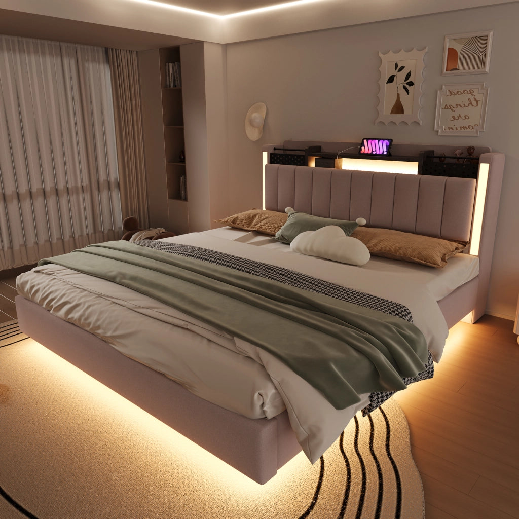 Letto imbottito – 160x200 cm – LED USB testiera contenitore – lino beige