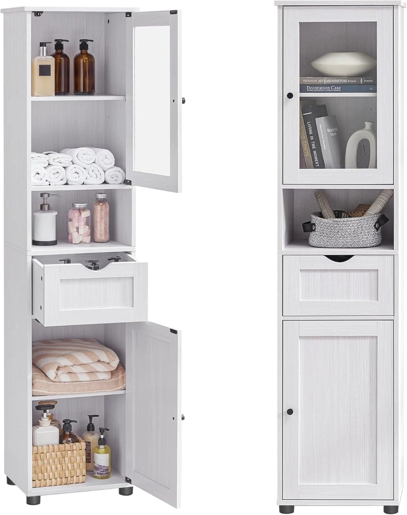 VASAGLE Mobile da Bagno Salvaspazio, Mobile a Colonna, Mobile Alto, Ripiano Aperto, Anta in Vetro, Mobiletto Bagno con Piedini, Ripiani Regolabili in Altezza, Bianco Nuvola BBK163W01