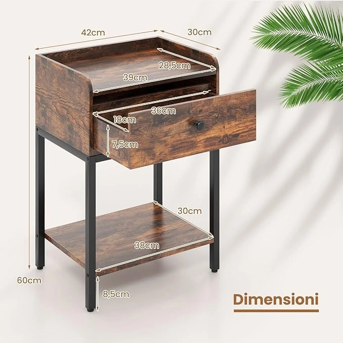 Comodino Camera da Letto 42 x 30 x 60cm in Metallo con Cassetto, Comodino con Ripano Aperto, Tavolino con Piedini Regolabili, per Ufficio e Soggiorno