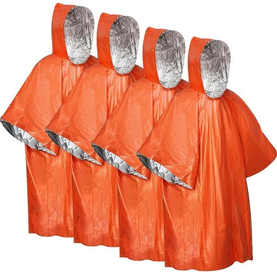 Poncho per emergenza 4 pezzi - Impermeabile - Resistente al vento - Sacco di bivacco - Cestino di pronto soccorso con coperta termica - Leggero e ripiegabile - Impermeabile