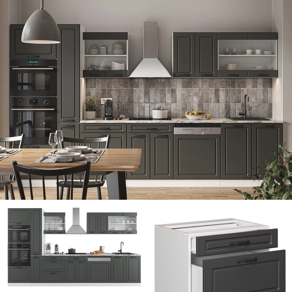 Mobile da cucina R-Line Antracite rustico/Bianco 350 cm con armadio alto, PL Antracite Vicco